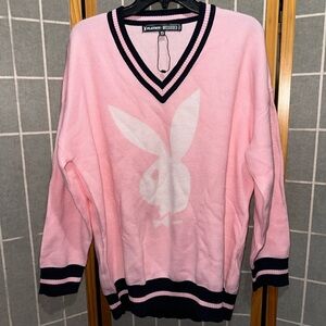 Missguided Pink V-Neck Sweater with Playboy Bunny